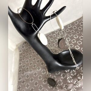 Silver Long White &  Wood Beaded Statement Necklace